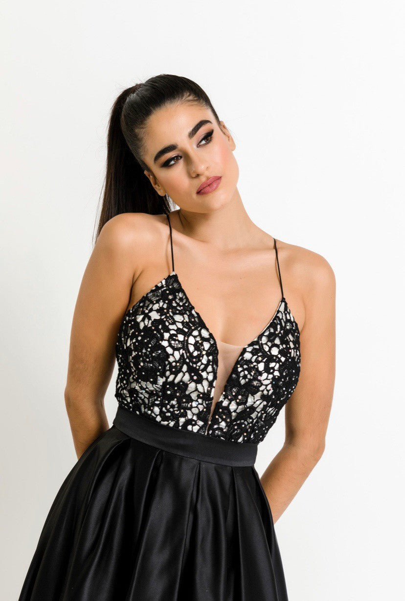 Long Satin Dress with lace and hems on the corset with open back-0